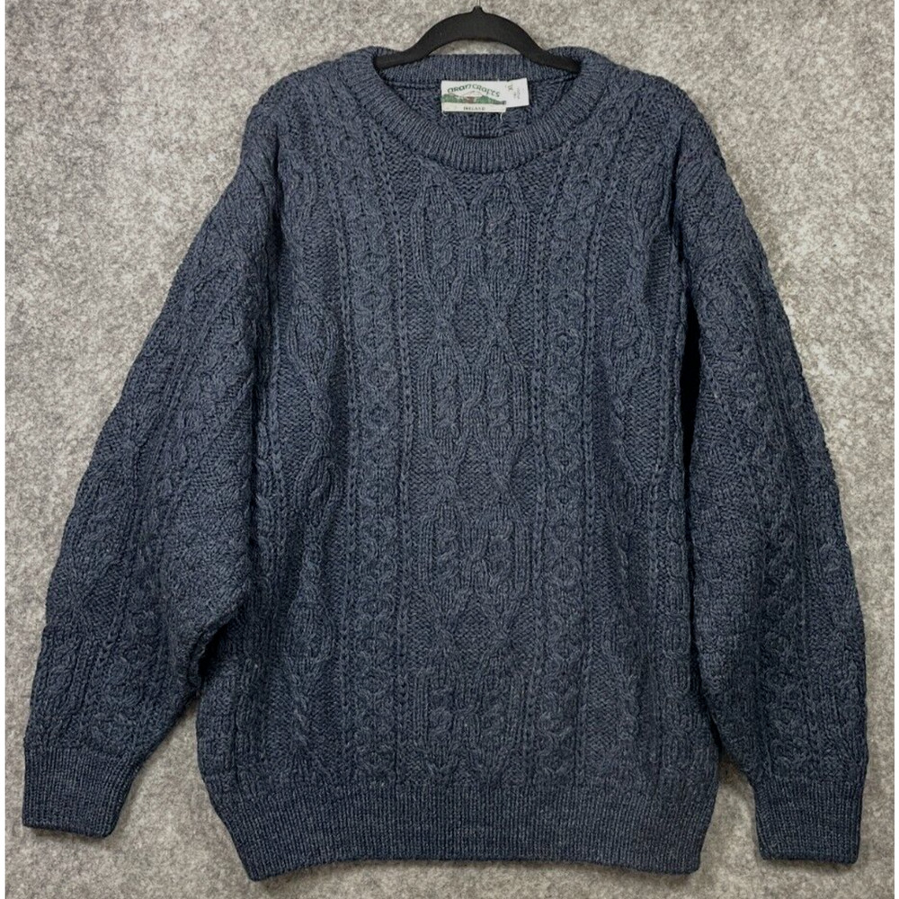 Aran Crafts Mens Sweater Wool Crew Pullover Cable Knit Fisherman Ireland Blue XL